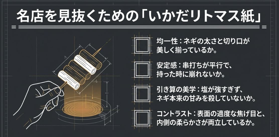 名店を見抜くための「いかだリトマス紙」チェックリスト。均一性、安定感、引き算の美学、コントラストの4項目を解説。