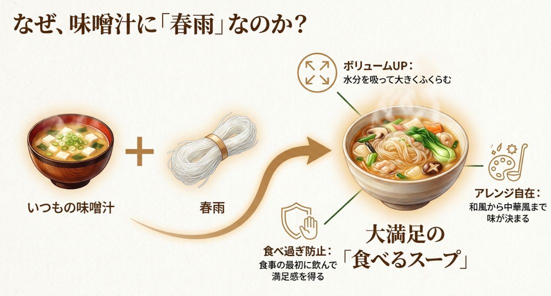 なぜ味噌汁に春雨なのか。水分を吸ってふくらむことでボリュームアップし、満足感を得ることで食べ過ぎを防止するメリットの解説。