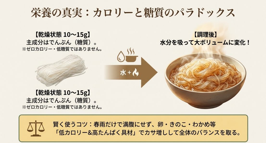 栄養の真実。乾燥状態（10~15g）ではでんぷん（糖質）が主成分だが、調理後は水分を吸って大きなボリュームに変化することを示す図解。