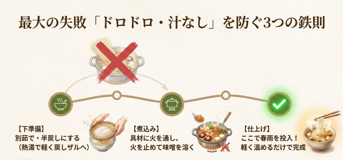 最大の失敗を防ぐ下準備（別茹で・半戻し）、煮込み、仕上げの投入タイミングをまとめたスライド。
