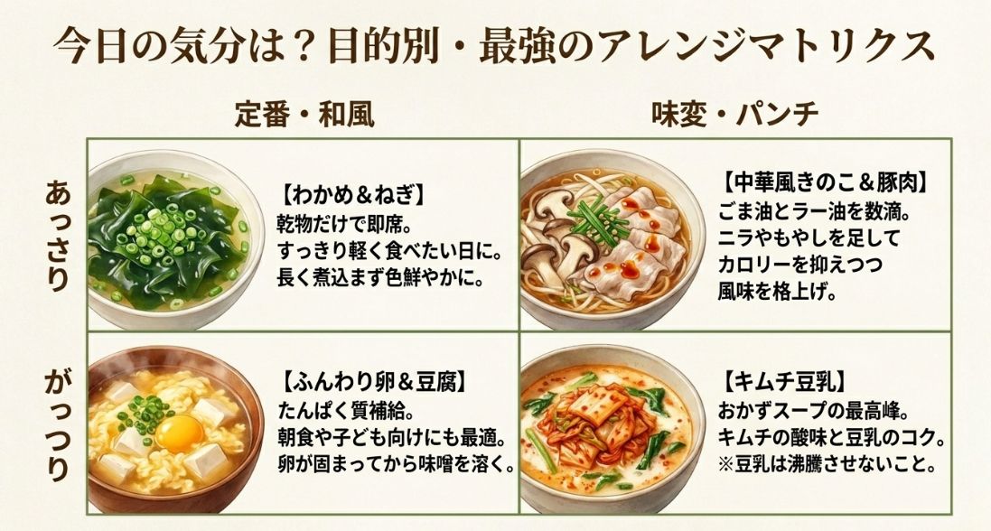 「あっさり・がっつり」「定番・味変」の4象限で、わかめ、中華風、卵、キムチ豆乳などの具材アレンジを紹介するマトリクス図。