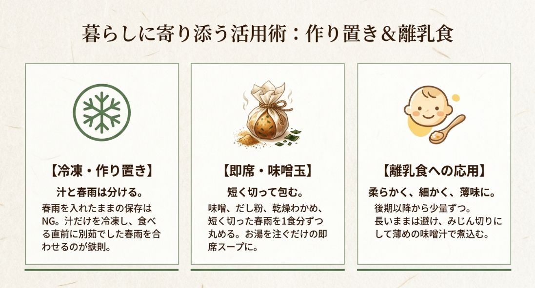 冷凍保存の鉄則（汁と春雨を分ける）、即席味噌玉の作り方、離乳食への応用（細かく・薄味に）をまとめたスライド。