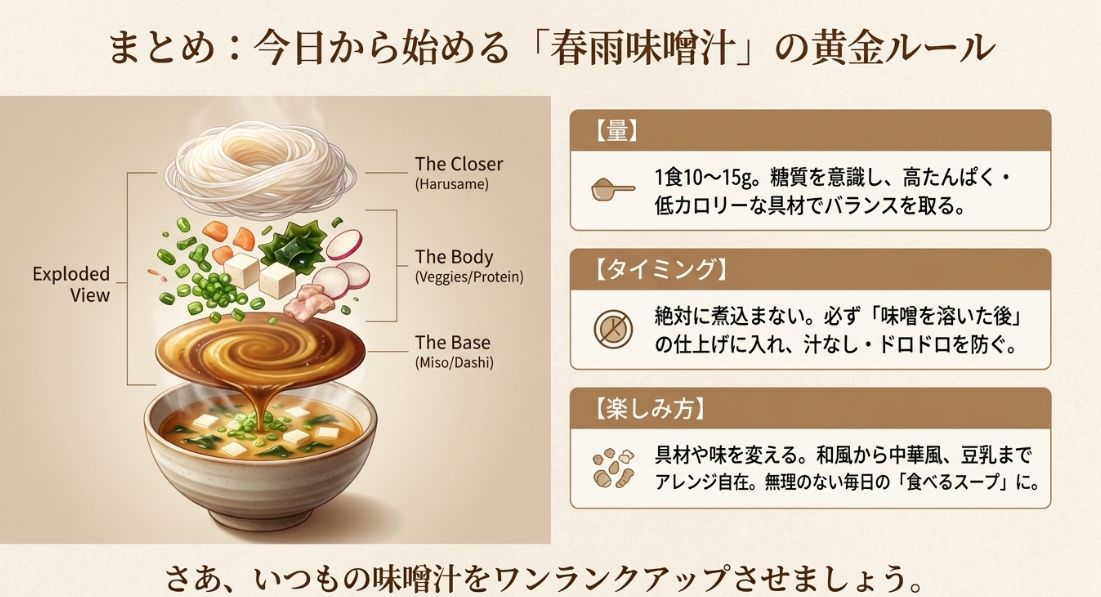 春雨味噌汁の構造（The Closer / The Body / The Base）を分解したイラストと、量・タイミング・楽しみ方の黄金ルールの総まとめ。