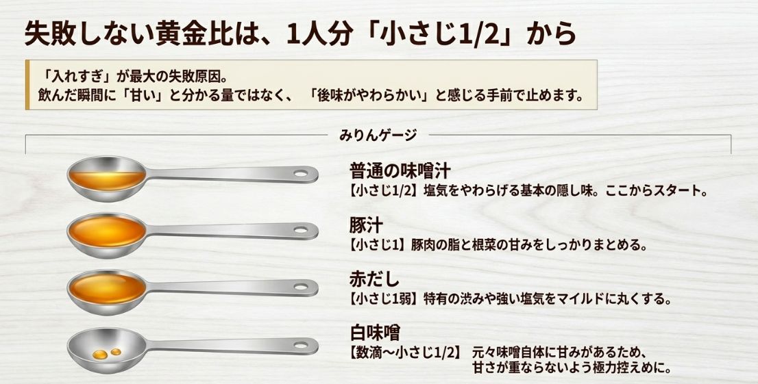 1人分小さじ1/2を基本とし、豚汁(小さじ1)、赤だし(小さじ1弱)、白味噌(数滴〜)など、味噌汁の種類に合わせた適量を示す「みりんゲージ」のスライド。