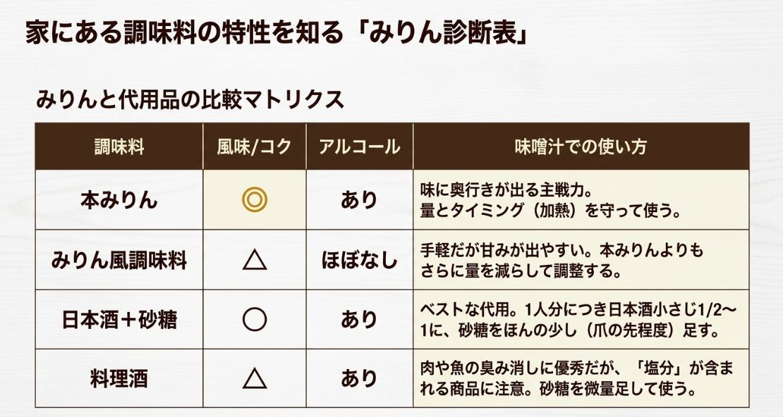 本みりん、みりん風調味料、日本酒+砂糖、料理酒の4種類について、風味・コク・アルコールの有無と味噌汁での使い方をまとめた比較表。
