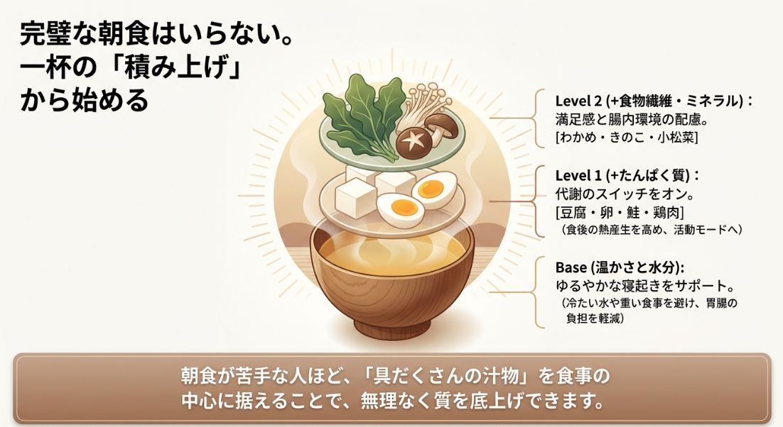 完璧な朝食ではなく一杯の積み上げから始めることを推奨し、ベースの温かさから、レベル1のたんぱく質、レベル2の食物繊維へと具材を増やしていく図