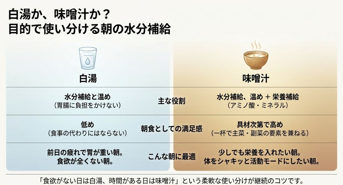 白湯と味噌汁について、水分補給や温めといった主な役割、朝食としての満足感の違いを比較し、目的によって使い分けることを解説した表