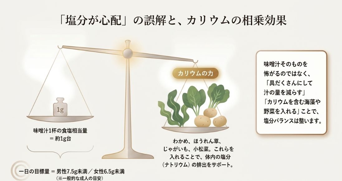 味噌汁1杯の塩分が約1g台であることと、わかめやほうれん草などカリウムを含む具材を入れることで体内の塩分排出をサポートする仕組みを解説した図