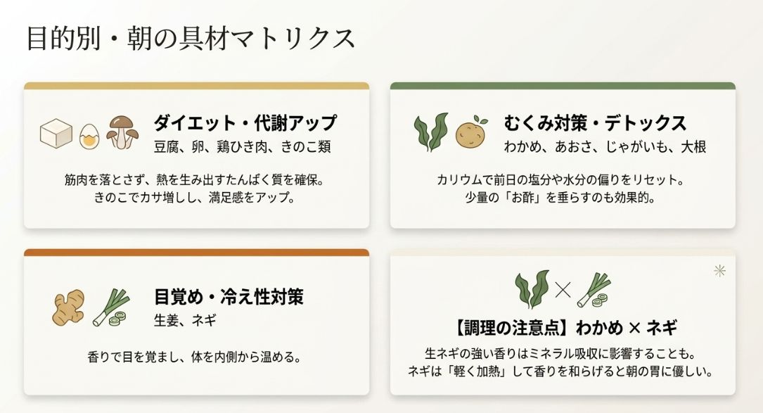 ダイエットやむくみ対策、目覚めなどの目的別おすすめ具材と、わかめとネギを合わせる際はネギを軽く加熱するという調理の注意点をまとめた表