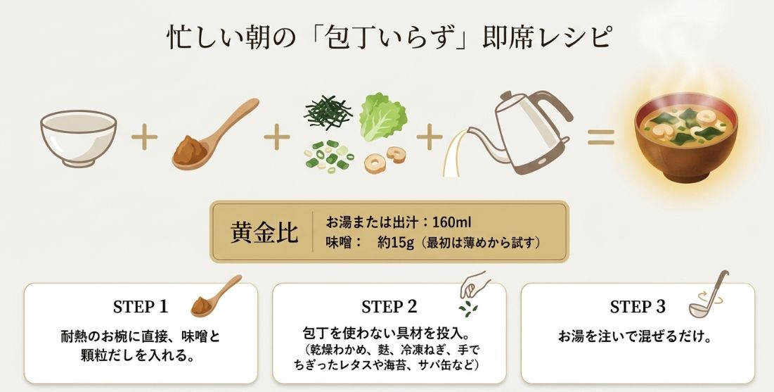 お湯または出汁160mlに対して味噌約15gの黄金比を用い、お椀に直接乾燥具材などを入れてお湯を注ぐだけのステップを示したイラスト