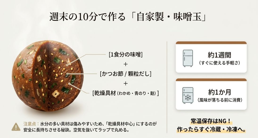 1食分の味噌、だし、乾燥具材を丸めた味噌玉の作り方と、冷蔵で約1週間、冷凍で約1か月という保存目安、および常温保存NGの注意書き