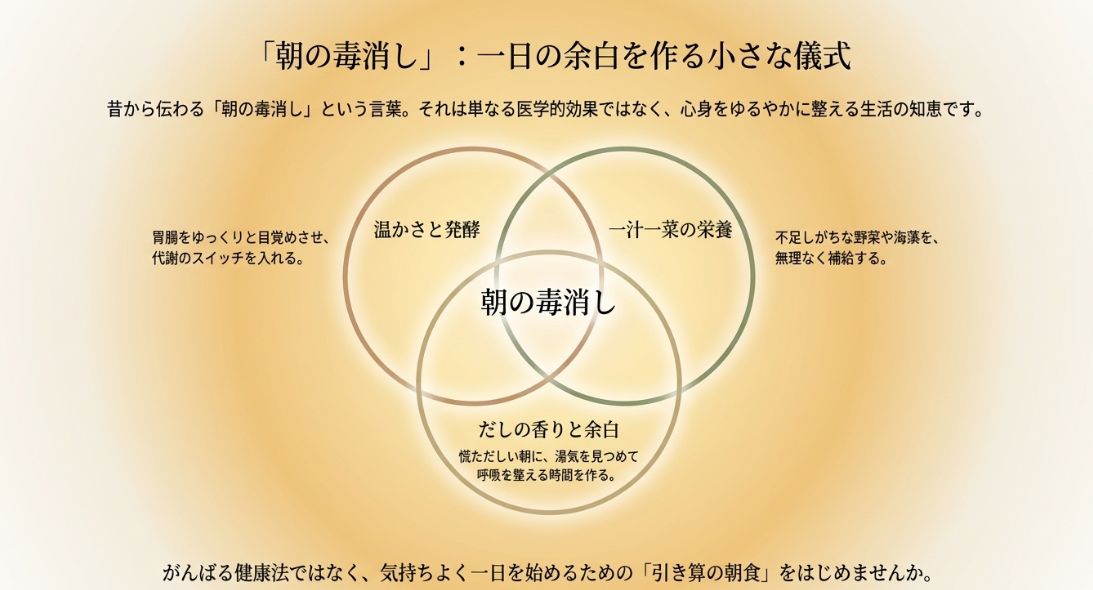 朝の毒消しとして、温かさと発酵、一汁一菜の栄養、だしの香りと余白という3つの要素が重なり合うことで心身をゆるやかに整えることを示したベン図