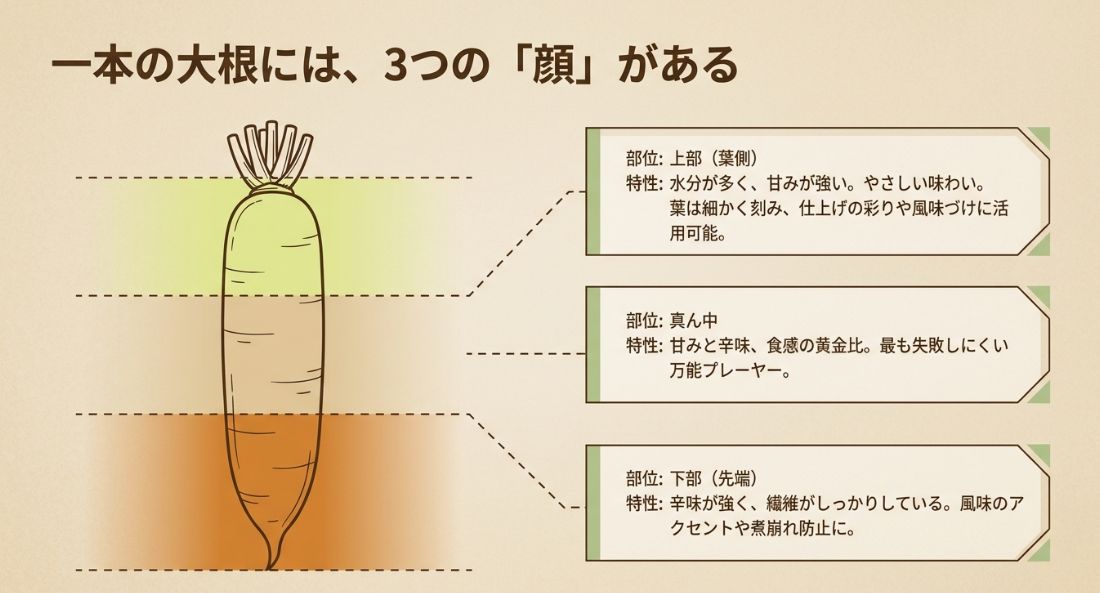 大根を上部（葉側）、真ん中、下部（先端）に分け、それぞれの水分量、甘み、辛味、繊維の強さなどの特性を解説する図解。
