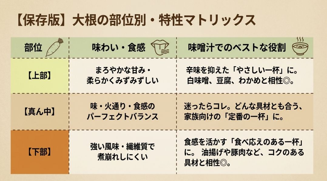 大根の上部・真ん中・下部ごとに、味わい、食感、そして味噌汁でのベストな役割（やさしい一杯、定番の一杯、食べ応えのある一杯）をまとめた比較表。