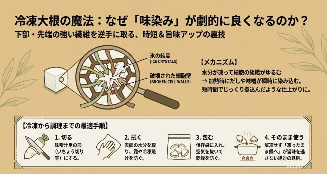 冷凍で細胞壁が破壊され味が染み込みやすくなるメカニズムの図解と、切る・拭く・包む・凍ったまま使うという4ステップの保存・調理手順。