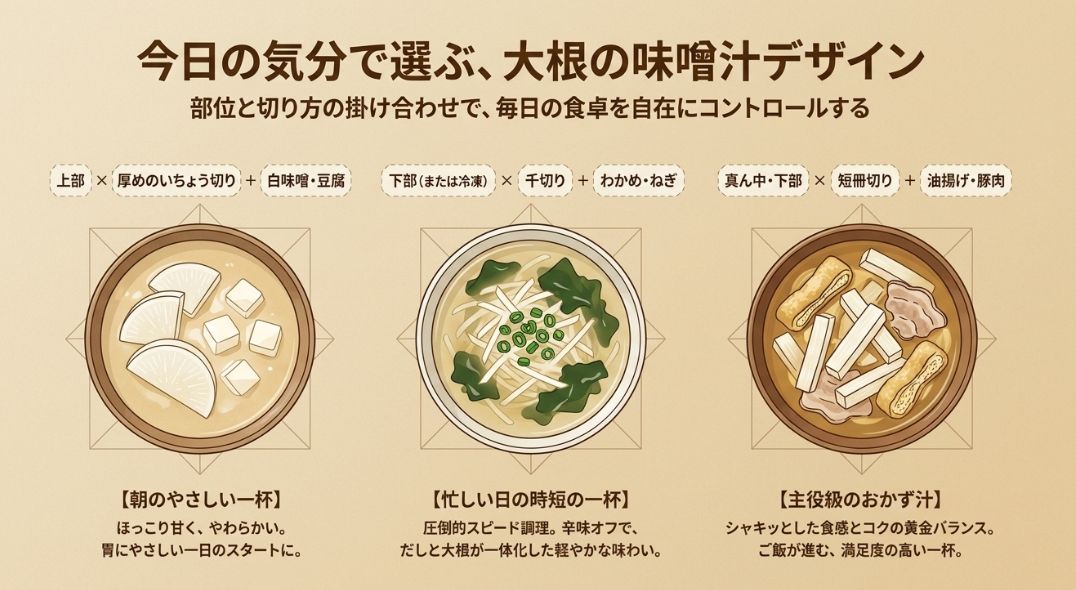 「朝のやさしい一杯」「忙しい日の時短の一杯」「主役級のおかず汁」の3パターンについて、部位・切り方・具材の最適な組み合わせを提案するまとめ画像。