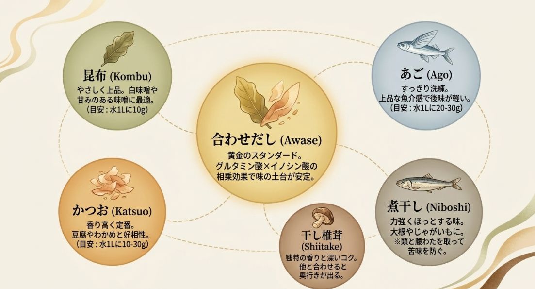 昆布、かつお、合わせだし、干し椎茸、あご、煮干しのそれぞれの特徴と、水1Lあたりの使用目安をまとめたイラストスライド。