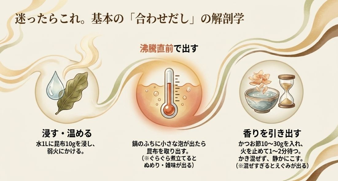 昆布とかつお節を使った合わせだしの手順。沸騰直前で昆布を取り出すこと、かつお節を入れたら混ぜずに静かにこすことなど、雑味を出さないためのポイントが描かれた図解。