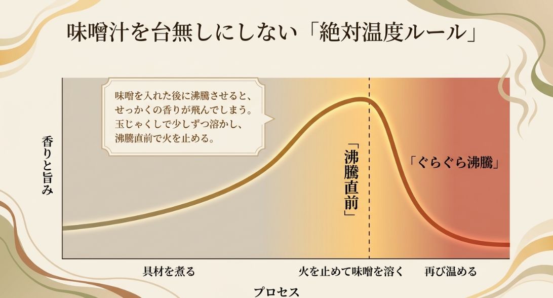 味噌汁を台無しにしないための温度管理ルール。具材を煮る時は沸騰させ、味噌を溶く時は火を止め、仕上げは「沸騰直前」で火を止めるプロセスを示したスライド。