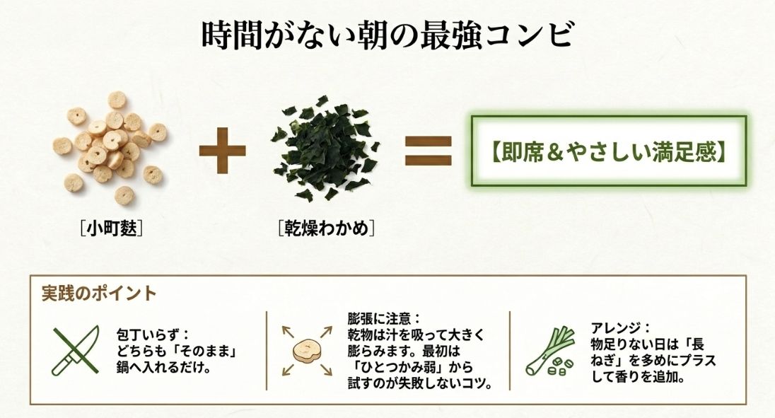 時間がない朝の最強コンビ。小町麩と乾燥わかめをそのまま鍋に入れる際のポイントや、膨張への注意、アレンジ方法をまとめたスライド。