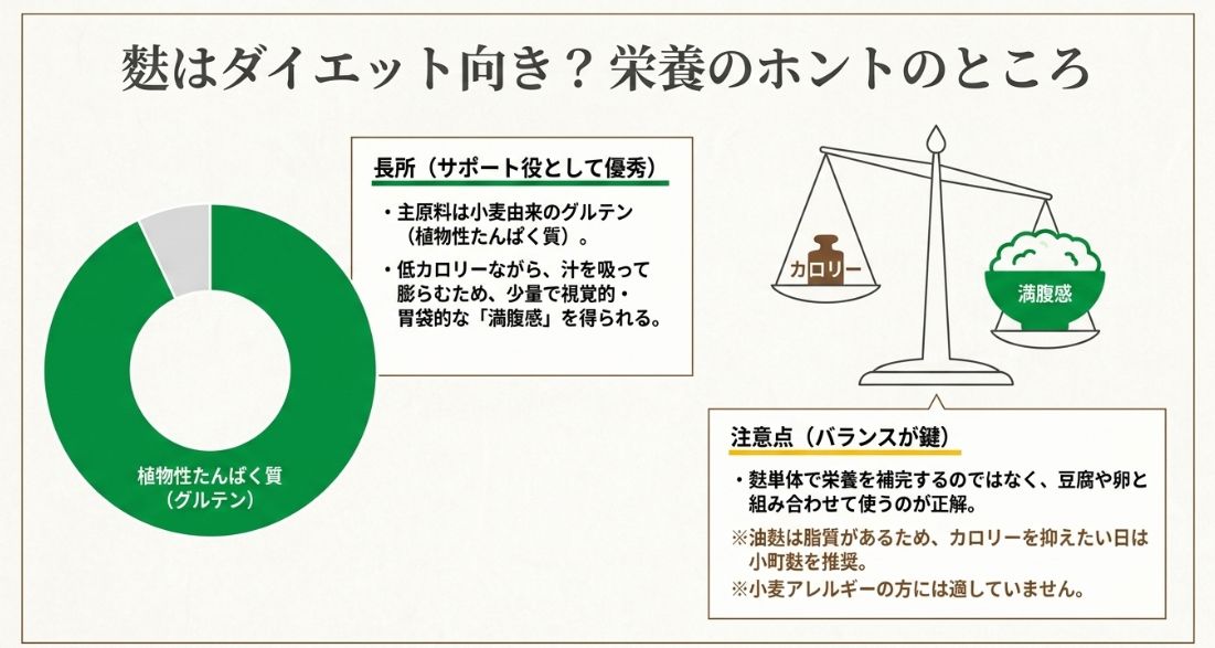 麩の栄養成分（植物性たんぱく質）と低カロリーで満腹感を得られるメリット、油麩やアレルギーに関する注意点を説明するスライド。