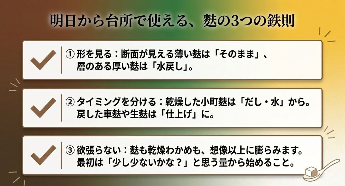 台所で使える3つの鉄則。形を見る、タイミングを分ける、量を欲張らないというポイントをまとめた要約スライド。