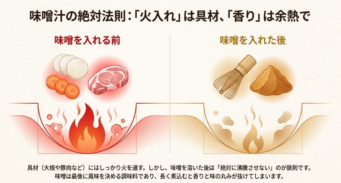 味噌を入れる前は強火で具材にしっかり火を通し、味噌を入れた後は余熱で香りを活かすことを説明する比較図。