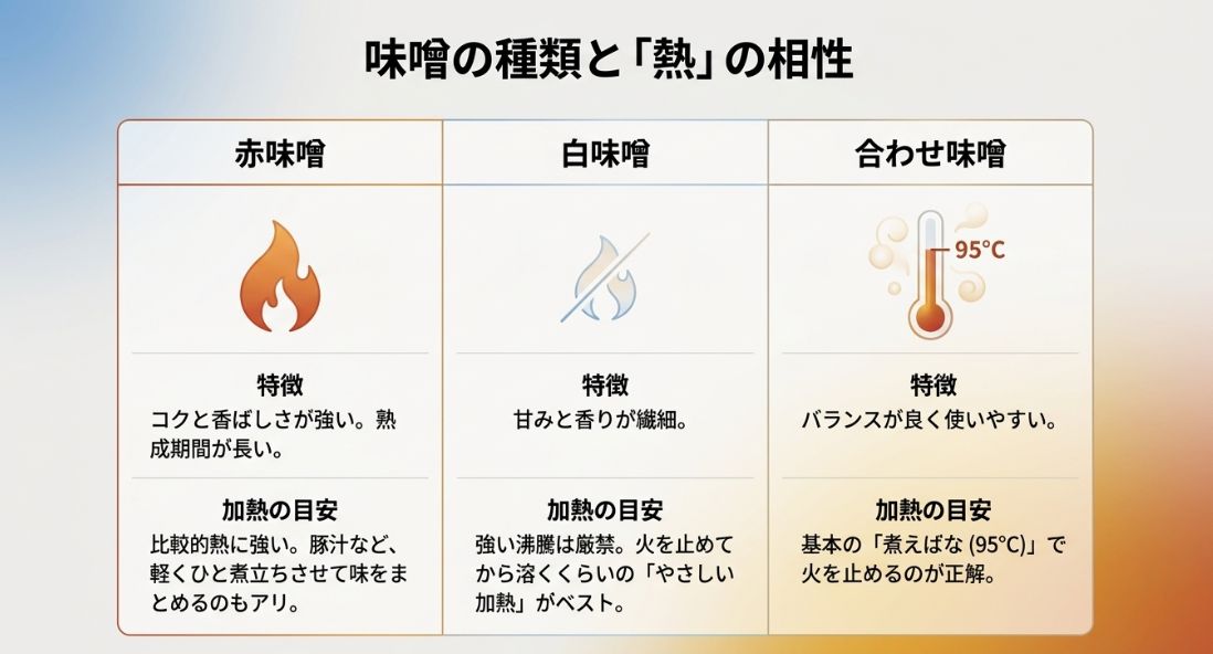 赤味噌、白味噌、合わせ味噌それぞれの特徴と、推奨される加熱の仕方を比較したまとめ表。