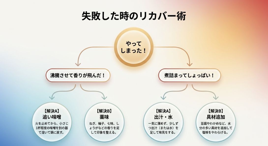 香りが飛んだ時の「追い味噌」や「薬味」、しょっぱい時の「出汁」や「具材追加」による解決策のまとめ。