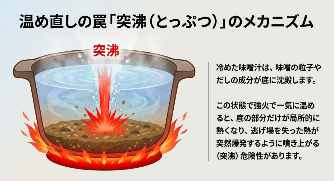 底に沈殿した味噌の成分が局所的に熱せられ、突然爆発するように噴き上がる突沸のメカニズムを解説する図。