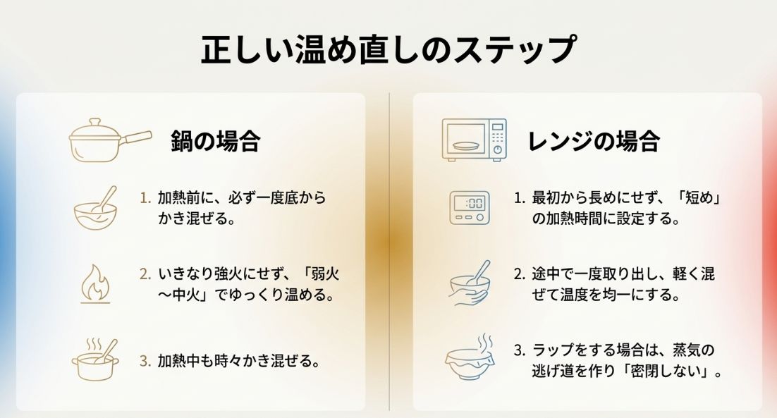 鍋(弱火でかき混ぜる)と電子レンジ(短時間設定で途中で混ぜる)の各ステップをまとめた手順表。