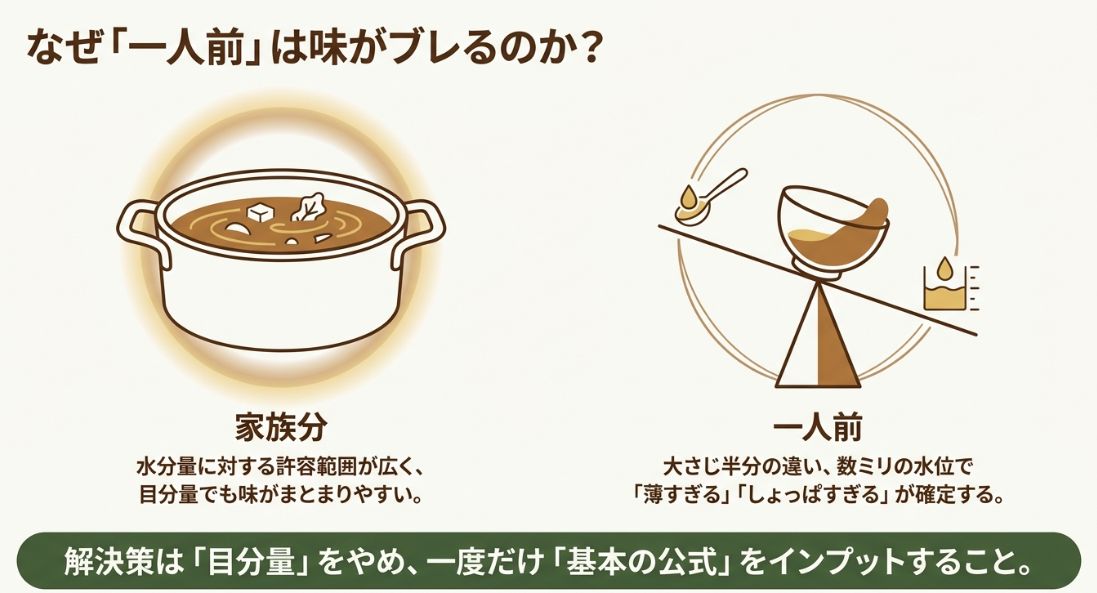 家族分は目分量でも味がまとまりやすいが、一人前は目分量だと味がブレやすいことを説明した図解