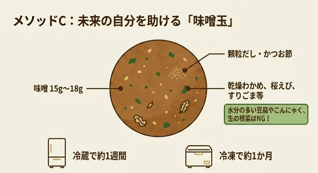 味噌15gから18gに顆粒だしや乾物を混ぜた味噌玉の図と、冷蔵約1週間・冷凍約1か月の保存期間