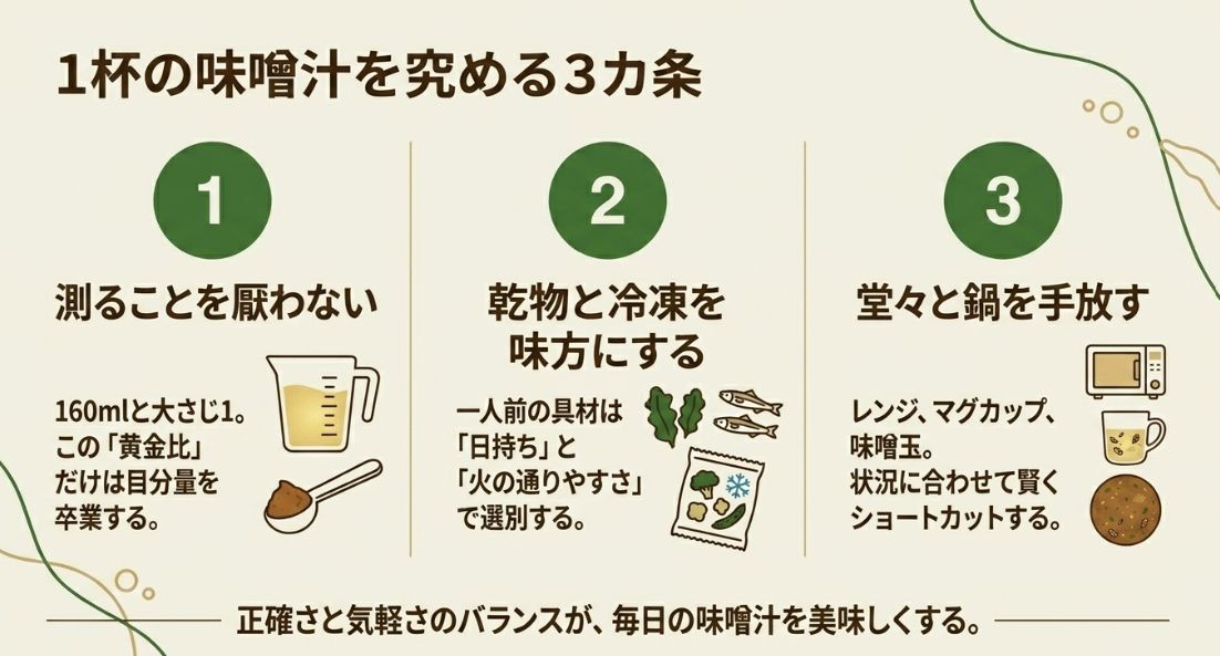 測ることを厭わない、乾物と冷凍を味方にする、堂々と鍋を手放すという味噌汁作りの3カ条