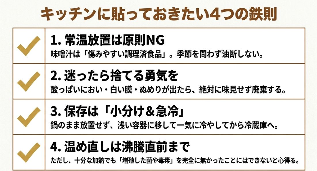 常温放置NG、迷ったら捨てる、小分け＆急冷、温め直しは沸騰直前まで、という4つの基本ルールをまとめたスライド 。