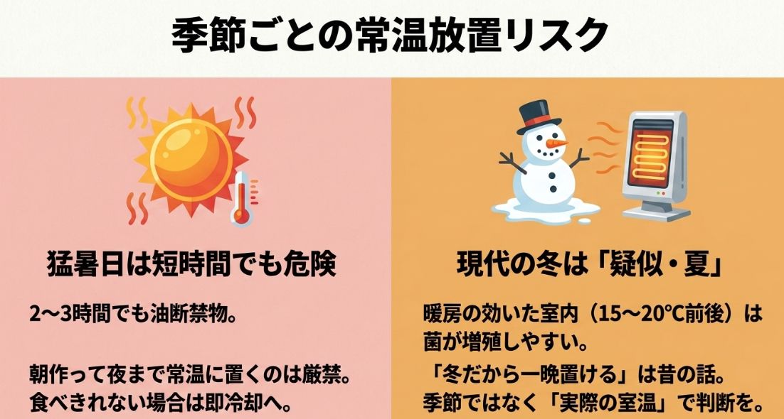 夏場は2〜3時間でも危険なことや、冬の暖房下も菌が増殖しやすいことを説明するイラスト 。