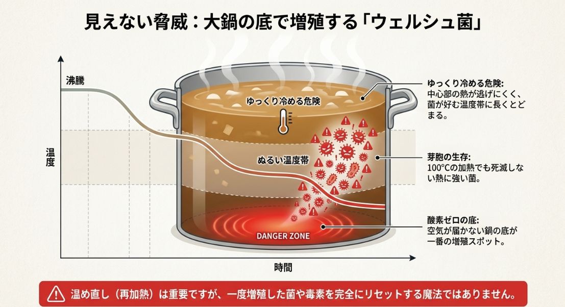 100℃でも死滅しない芽胞の生存や、酸素のない鍋底が一番の増殖スポットであることを示す図解 。