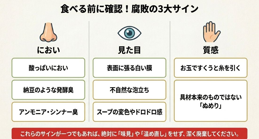 酸っぱいにおい、表面の白い膜、お玉ですくうと糸を引くといった腐敗のサインをまとめたチェックリスト 。