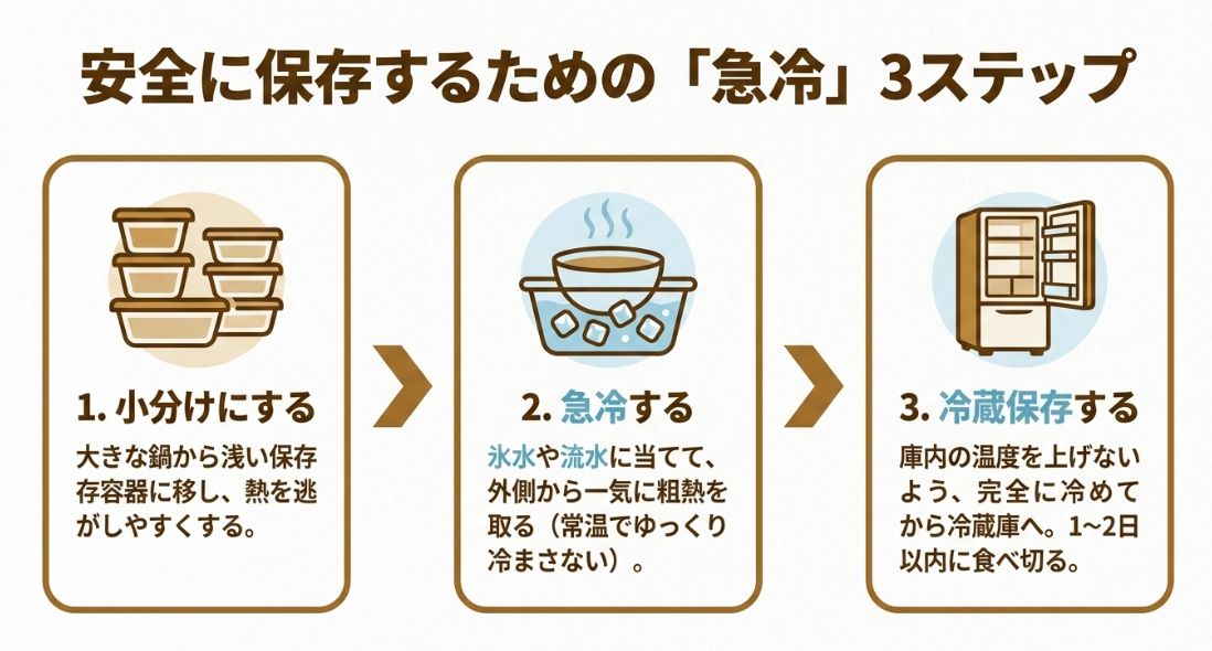 1.小分け、2.氷水での急冷、3.完全に冷めてから冷蔵庫、という正しい保存手順のステップ図 。