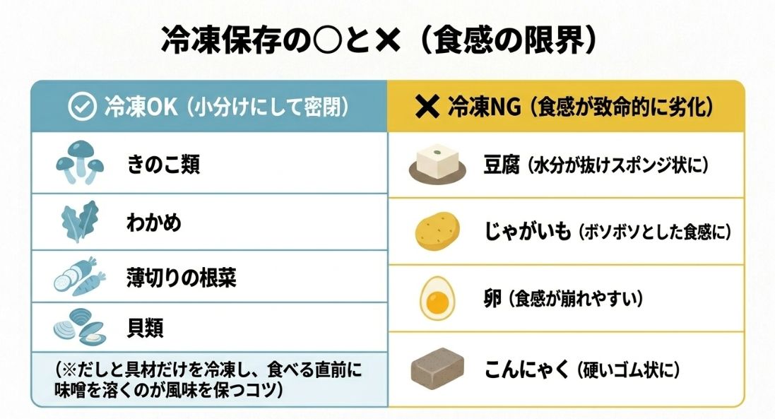 きのこ等は冷凍OKだが、豆腐（スポンジ状）、じゃがいも（ボソボソ）、こんにゃく（ゴム状）は冷凍NGであることを示す比較表 。