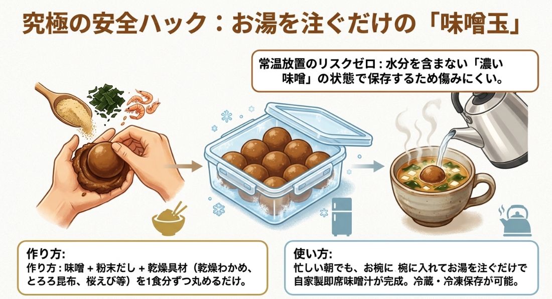 味噌とだし、乾燥具材を丸めて保存し、お湯を注ぐだけで完成する「味噌玉」の作り方と使い方の図解 。