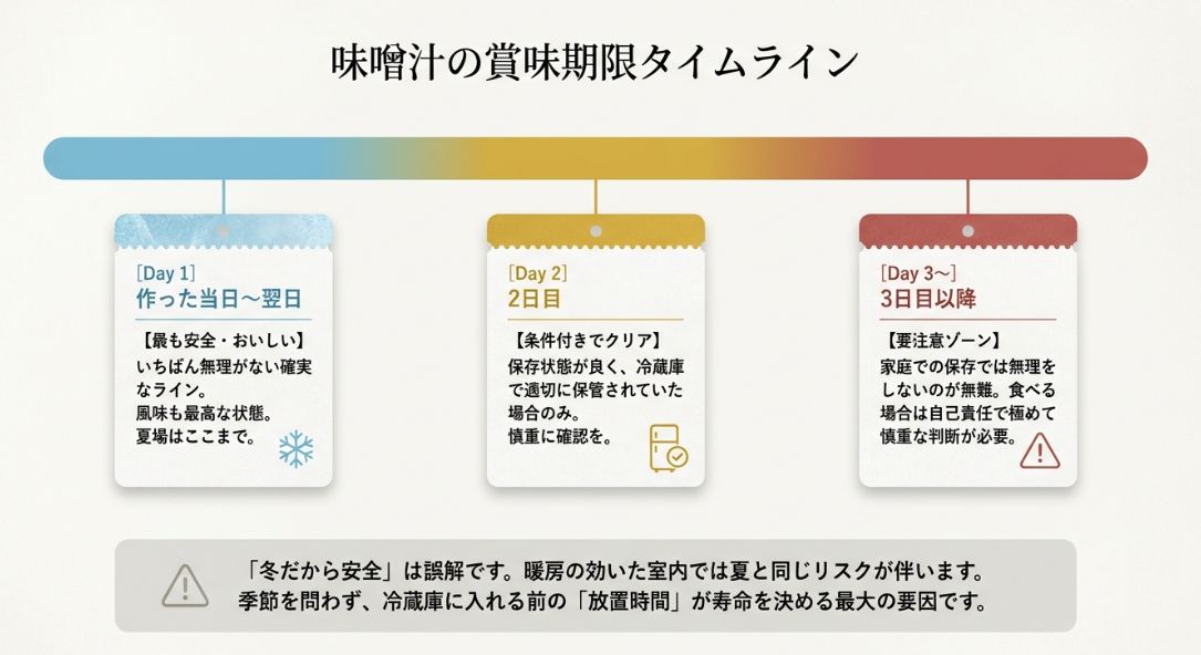 味噌汁の保存期間の目安を示す図。1日目は安全、2日目は条件付き、3日目以降は要注意ゾーンであることを解説。