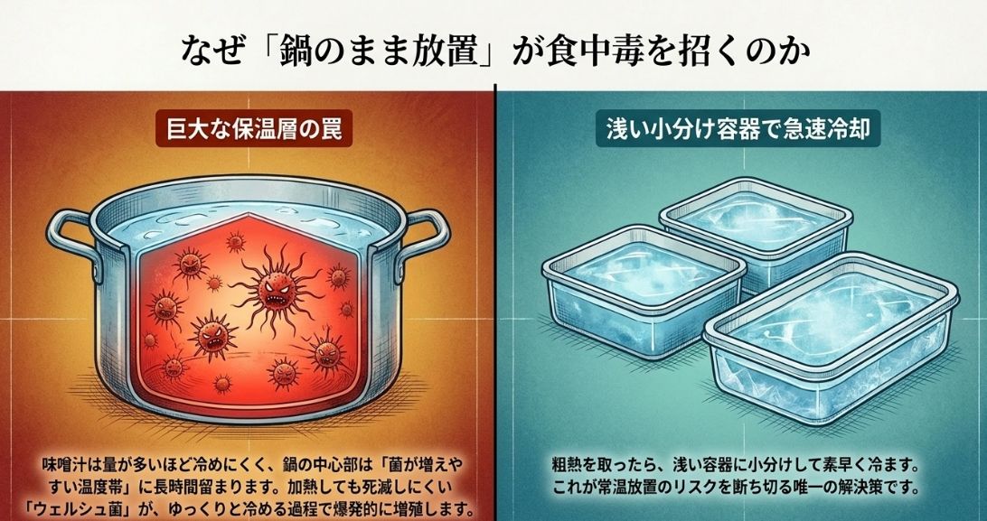 鍋の中心部で増殖するウェルシュ菌のイラストと、浅い容器に小分けして急速冷却する解決策を説明した比較図。