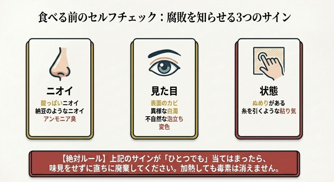 味噌汁の腐敗サイン（酸っぱいニオイ、表面のカビや泡立ち、粘り気）をまとめたチェックリスト。