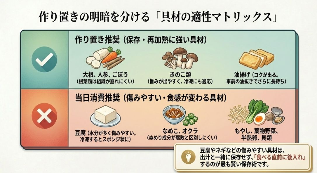 保存に強い根菜・きのこと、傷みやすく当日消費を推奨する豆腐・葉物・卵などを分類したマトリックス図。