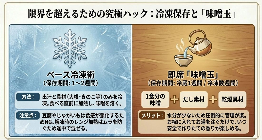 冷凍保存の方法（出汁と具材のみ）と、お湯を注ぐだけで完成する味噌玉の作り方とメリットを解説した図。