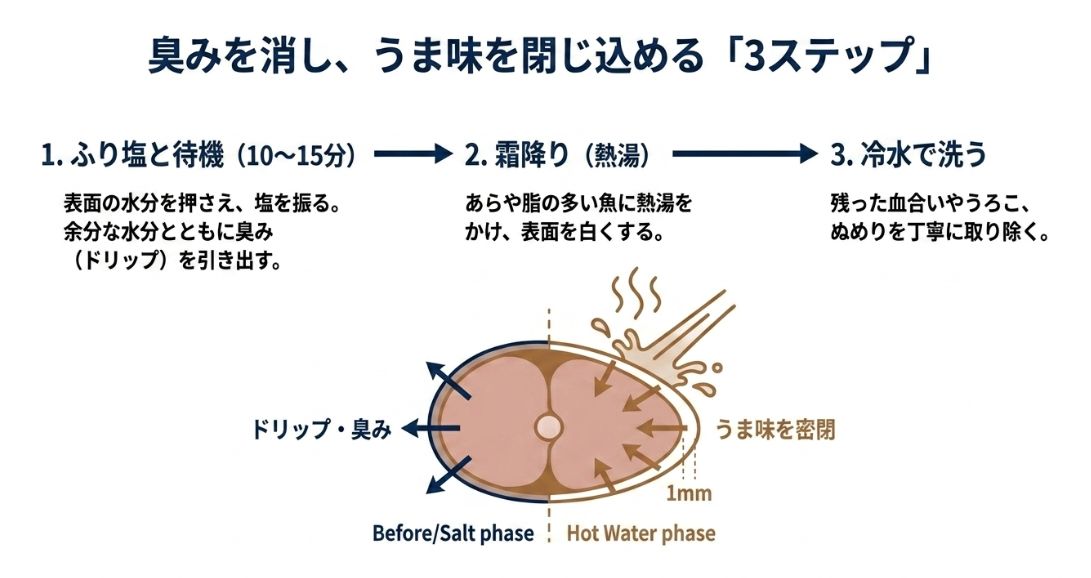 ふり塩、霜降り、冷水洗いの3工程で魚の臭みを抑え、うま味を残す流れを図解したスライド。