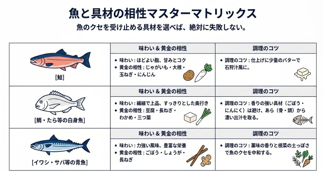 鮭、白身魚、青魚ごとに合う具材と調理のコツを整理した相性マトリックスのスライド。