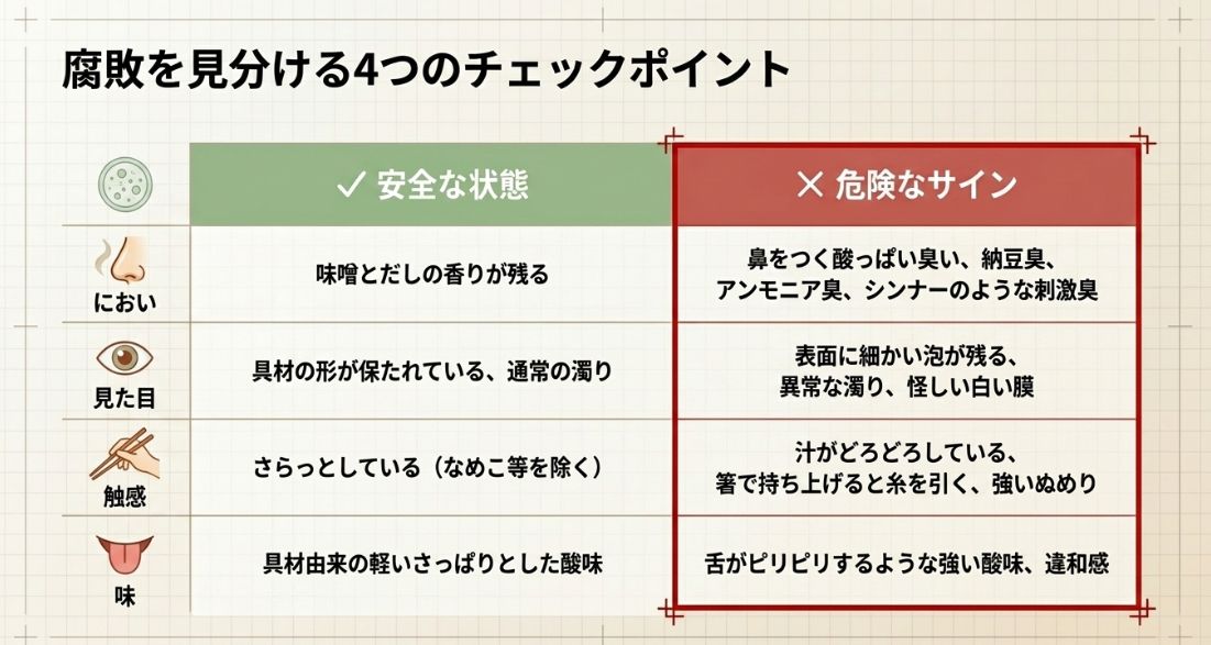 におい、見た目、触感、味の4項目について、安全な状態と危険なサイン（納豆臭、表面の泡、糸引き、ピリピリする味など）を対比させた表 。