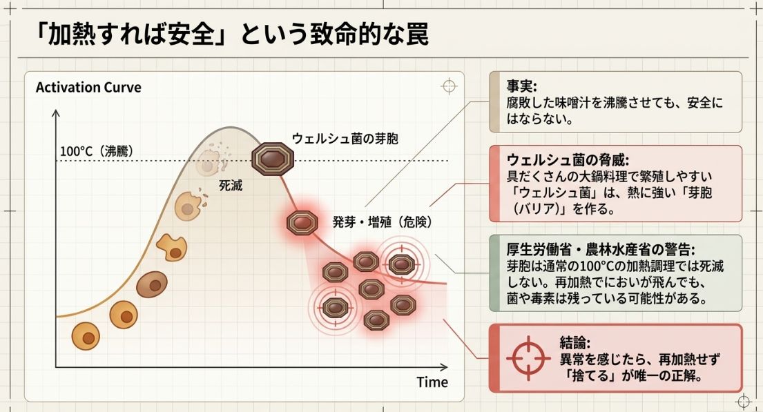 100℃で沸騰させても死滅しない「ウェルシュ菌の芽胞（バリア）」の図解。再加熱しても毒素が残る可能性があり、異常を感じたら「捨てる」のが唯一の正解であることを示している 。
